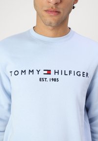 Giovane uomo che indossa una felpa azzurro chiaro con la scritta "TOMMY HILFIGER EST. 1985" e il logo a bandiera rosso, bianco e blu del marchio sul petto.