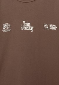 Brown cotton t-shirt featuring three embroidered logos: a brain graphic, "Modern Archaeology" in white, and "Natural Research Division" in white.