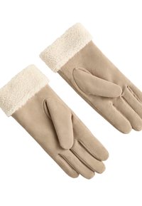Bež rokavice iz usnja z mehkim kremastim krznenim robom. Imajo strukturirane prste in teksturirano dlan za oprijem in toploto.