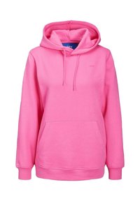 Kirkkaan pinkki hupullinen paita, joka on tehty pehmeästä kankaasta. Siinä on etutasku, huppuun kiristysnauhat sekä resorit hihoissa ja helmassa.