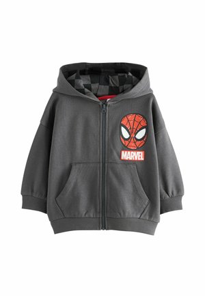 Ciemnoszara bluza z kapturem na zamek, z kieszeniami z przodu, w kratkowanym wykończeniu kaptura oraz z grafiką twarzy Spider-Mana nad logo Marvel na piersi.