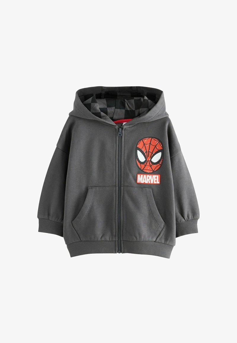 Dunkelgrauer Zip-Hoodie mit Fronttaschen, karierter Kapuzenfutter und Spider-Man-Gesichtsgrafik über dem Marvel-Logo auf der Brust.
