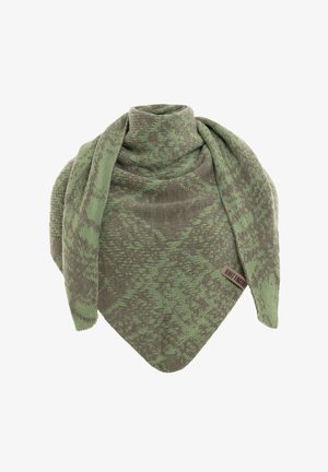 Sciarpa verde a motivo, realizzata in morbido tessuto a maglia, con forma triangolare e collo arrotolato. L'etichetta mostra la scritta "KNIT FACTORY".