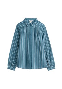 Blue button-up long sleeve shirt with white vertical stripes and a classic collar, featuring gathered fabric details on the shoulders.