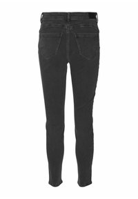 Črne usnjene skinny kavbojke, ki vključujejo klasičen dizajn s petimi žepi, zadnji del z jermenom in subtilnimi šivi. Prilagojen kroj za eleganten videz.