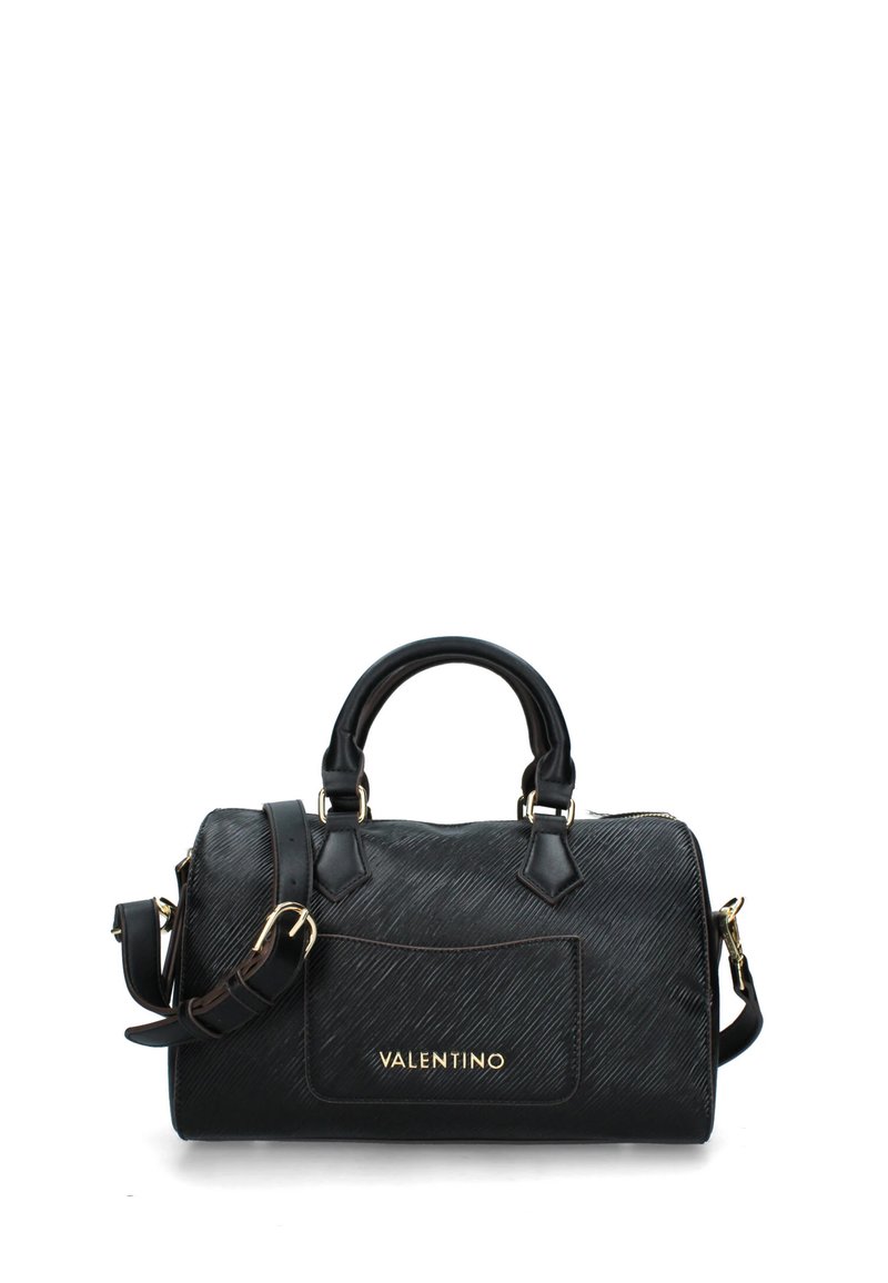 Sac à main en cuir noir texturé avec double poignées supérieures, une bandoulière ajustable et des accents dorés, mettant en avant un logo de marque. 