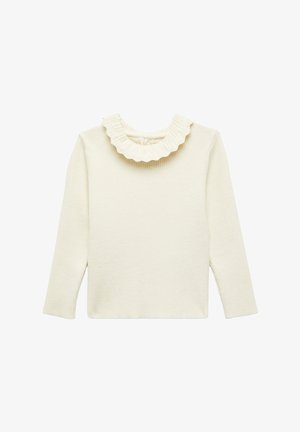 Crème lange mouwen top met een geribbelde textuur en een ruches halslijn. Heeft een relaxte pasvorm en een verborgen sluiting aan de achterkant. Zachte en lichte stof.