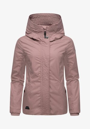 Šviesiai rožinė su gobtuvu striukė su paklota apykakle, užtrauktuko uždarymu, tekstūruotais šoniniais paneliais ir elastingomis rankovėmis. Ant apvado yra logotipo Pataisas.