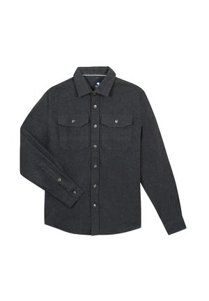 Camicia grigia di flanella con maniche lunghe, chiusura a bottoni frontale, due tasche sul petto e bottoni argentati. Tessuto morbido con un design di colletto classico.