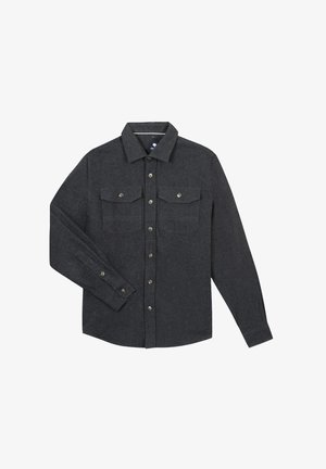 Camicia grigia di flanella con maniche lunghe, chiusura a bottoni frontale, due tasche sul petto e bottoni argentati. Tessuto morbido con un design di colletto classico.