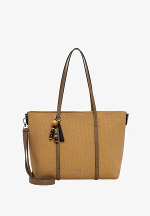 Zandkleurige textuurtas met lange bruine leren handvatten, afneembare schouderband en houten kralensleutelhanger.