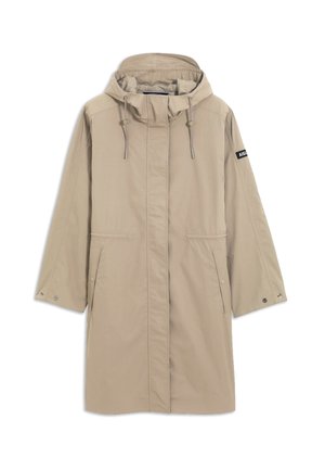 Langer beiger Regenmantel mit Kapuze, die vorne mit einem Reißverschluss zu schließen ist, Kordelzug an der Kapuze, zwei seitlichen Taschen und mit Knöpfen versehene Ärmelbündchen.