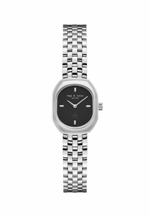 Montre-bracelet en métal argenté avec un cadran carré arrondi noir, des marqueurs d'heure minimalistes et le texte « rag & bone New York » sur le cadran.
