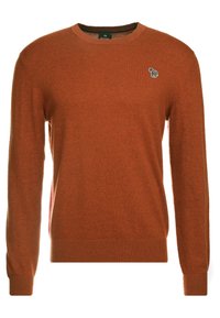 Orange pullover sweater made of a soft fabric. Features a round neck and long sleeves. Small embroidered animal logo on the chest.