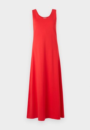 Red sleeveless maxi dress with a scoop neckline, made from soft fabric, featuring a flowing shape and a straight hemline.