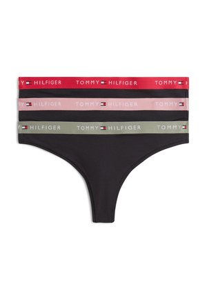 Set aus drei schwarzen Tangas mit elastischen Bund in Rot, Pink und Grün, jeweils mit Tommy Hilfiger Logo und Flagge.