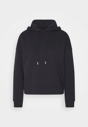 Sudadera corta negra de manga larga con capucha y cordones, y puños acanalados, mostrada sobre un fondo blanco liso.