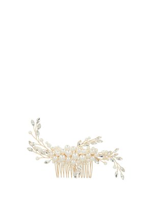 Peigne en métal orné d'un ensemble de perles blanches et d'accents en cristal clair, avec de délicates branches ressemblant à des feuilles s'étendant de chaque côté.