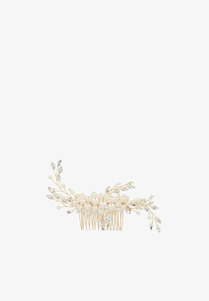 Metallhaarkamm mit einem Cluster aus weißen Perlen und klaren Kristallakzenten, mit zarten, blattartigen Zweigen, die sich von jeder Seite erstrecken.