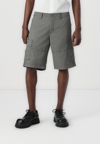 Graue Cargo-Shorts mit mehreren Taschen, aus strapazierfähigem Stoff, mit geradem Schnitt und genähten Details. Getragen mit schwarzen Schuhen.