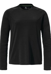 Schwarzes Langarmshirt aus strukturiertem Stoff, mit Rundhalsausschnitt und feinen Nähdetails, versehen mit einem Logo auf der Brust.