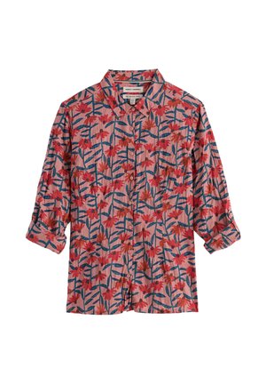 Hosszú ujjú, gombos ing, rózsaszín alapon piros virágokkal és kék levelekkel mintázva, gallérral és felhajtott mandzsettával.