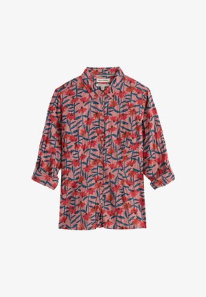 Košulja dugih rukava na kopčanje s ružičastom pozadinom, uzorkom crvenih cvjetova i plavog lišća, ovratnikom i zavrnutim manšetama.