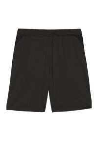 Zwarte sportieve shorts met een elastische tailleband, gemaakt van gladde stof. Zijkanten in een donkerdere tint zorgen voor contrast. Geen zakken.