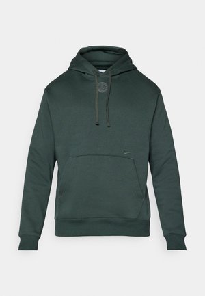 Dark green hooded sweatshirt with front kangaroo pocket, drawstring hood, small embroidered logo on chest and cuffed sleeves.