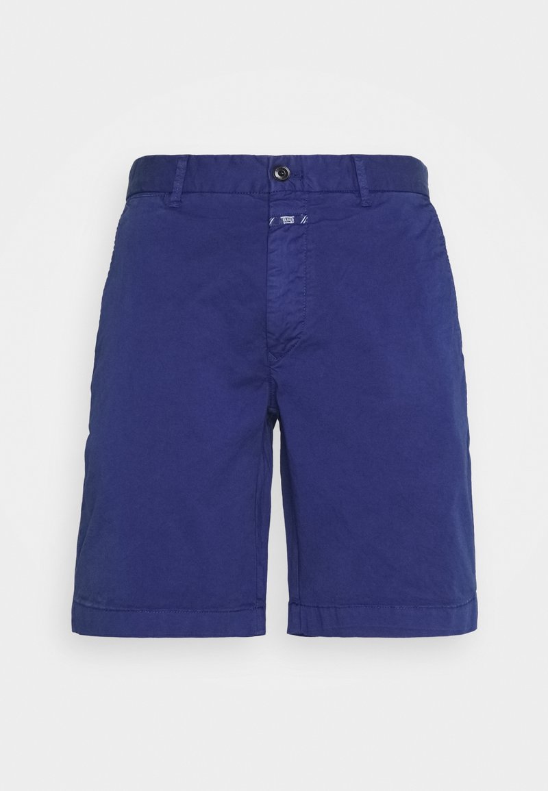 Shorts bleu marine en tissu léger, dotés d'une fermeture par bouton, de passants de ceinture et d'une coupe classique. Ourlets finis, sans motifs visibles.