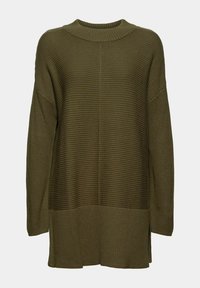 Pull en maille vert olive à manches longues avec motif côtelé, encolure ronde et fentes latérales à l'ourlet.