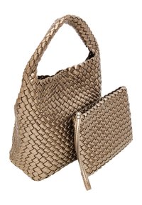 Geweven metallic bronzen handtas met een opvallende lus-handvat, gecombineerd met een klein bijpassend tasje met een ritsluiting.