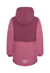 Barnas totonede rosa vinterjakke med hette, lange ermer og refleksstriper på nedre del av ryggen, vist bakfra.