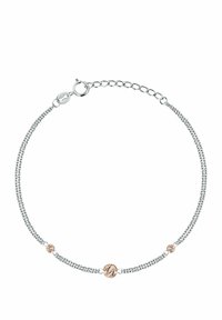 Braccialetto in argento con due accenti in oro rosa e un charm rotondo texture. Ha una chiusura a molla e lunghezza regolabile.