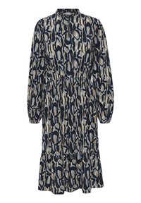 Robe à manches longues en bleu marine, présentant un motif abstrait en beige et bleu clair, avec une taille froncée et une jupe à volants.