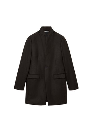 Czarny wełniany płaszcz o slim fit z kołnierzem stojącym, zapięciem na jeden guzik i dwiema przednimi kieszeniami. Gładka tekstura z dopasowanym krojem.