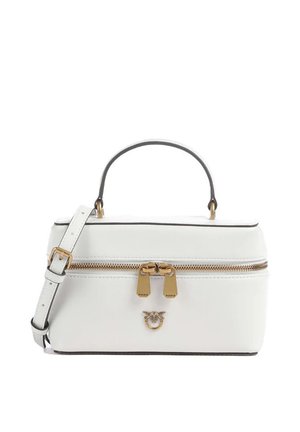 Borsa rettangolare bianca con cerniera dorata, doppio cursore, logo dorato, manico superiore e tracolla regolabile.