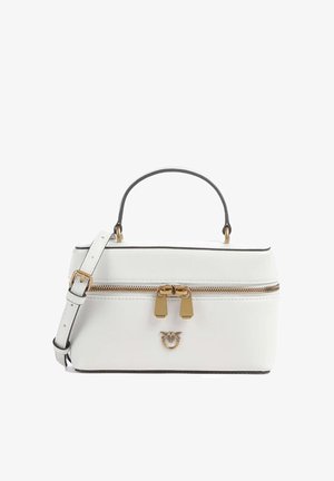 Borsa rettangolare bianca con cerniera dorata, doppio cursore, logo dorato, manico superiore e tracolla regolabile.