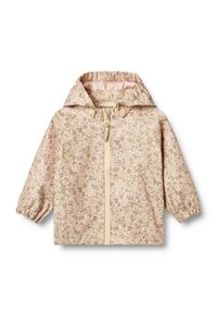 Blomsterprydd rosa jacka med huva, elastiska ärmar och dragkedja fram. Mjuk tyg med en slät textur och lätt design.
