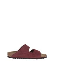 Sandalo a scivolo in suede borgogna con due aperture, soletta in sughero e suola in gomma nera texturizzata. Logo del brand impresso sul lato.