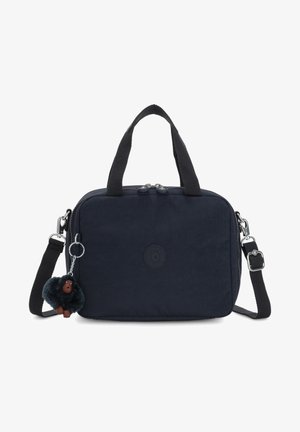 Marineblauwe nylon tote bag met dubbele handgrepen, een verstelbare schouderriem, ritsluiting en een harige aapje charme bevestigd aan een sleutelhanger.