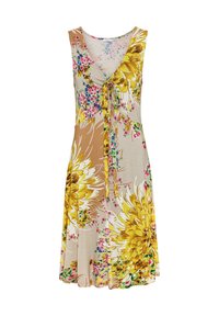 Floral print dress with a v-neckline, tie detail at the waist, and a flared hem. Features yellow flowers, pink accents, and a soft fabric.
