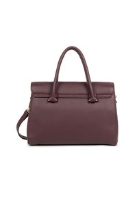 Bordeaux leren handtas met een gestructureerd ontwerp, dubbele handvatten aan de bovenkant en een afneembare schouderriem. Voorzien van minimale gouden hardware accenten.