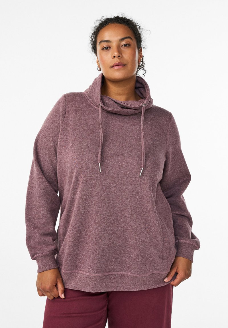 Pullover-Sweatshirt in einem kastanienbraunen Farbton, mit hohem Kragen, Kordelzügen, langen Ärmeln und einem lockeren Schnitt aus weichem Stoff.