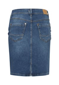 Blå denimnederdel med to baglommer, bæltestropper, midtersøm og et lille lædermærke på linningen.