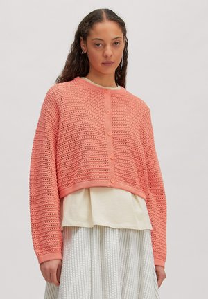 Vrouw met lang krullend haar die een koraalkleurige gebreide cropped cardigan draagt over een crèmekleurig overhemd en gestreepte lichte broek.