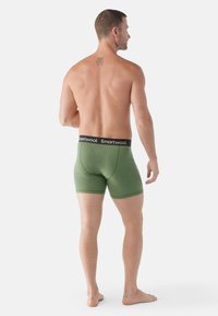 Grüne Boxershorts mit einem schwarzen Smartwool-Bund, mit einer schlanken Passform und glatter Textur, von hinten gezeigt.