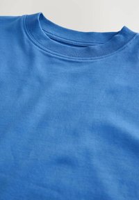 Blå bomulls-T-shirt med rund halsringning och jämn textur. Tyget är lätt, med sömmar synliga längs kragen.