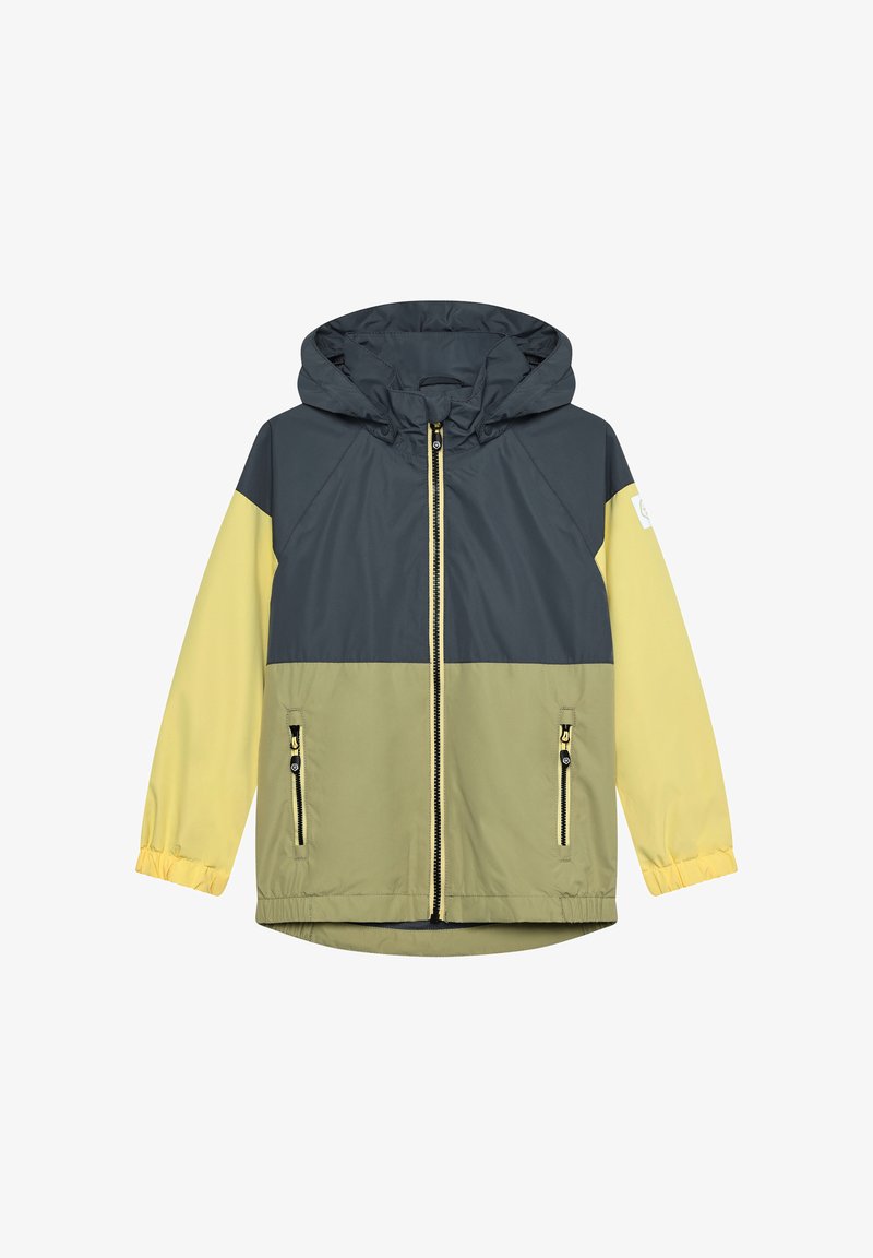 Leichte Jacke mit Color-Blocking-Design in Dunkelgrau, Hellgelb und Olivgrün, mit Kapuze, Frontreißverschluss und Seitentaschen.