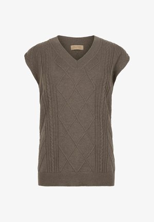 Gilet en tricot marron sans manches avec motifs torsadés et losanges, col en V, fabriqué en cachemire 100 % pur par Falconeri.